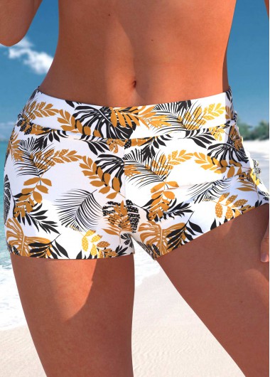 ROTITA White Leaf Print High Waisted Swim Shorts
