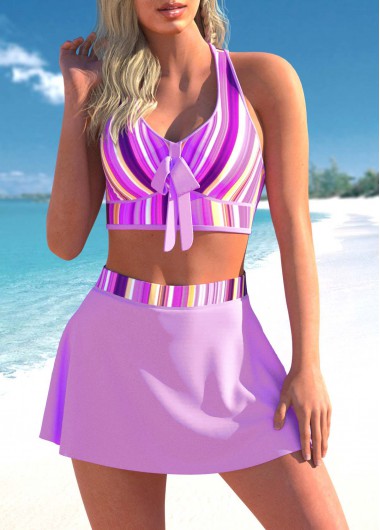 Striped Criss Cross Light Purple Bikini Top