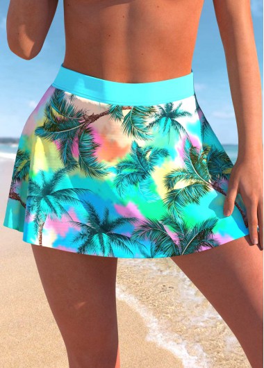 High Waisted Cyan Tropical Plants Print Pantskirt