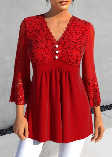 Lace Decorative Button Red V Neck Blouse
