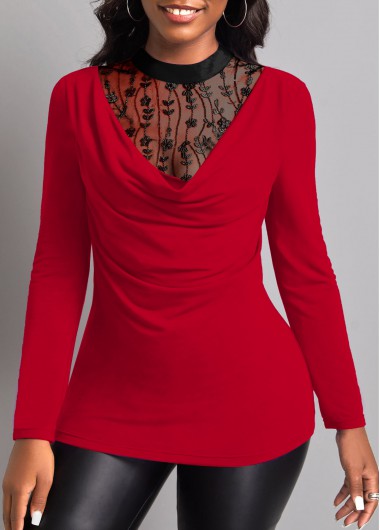 Fake 2in1 Lace Stitching Red T Shirt