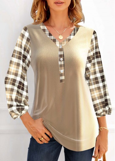 ROTITA 3/4 Sleeve Champagne Velvet Plaid Blouse