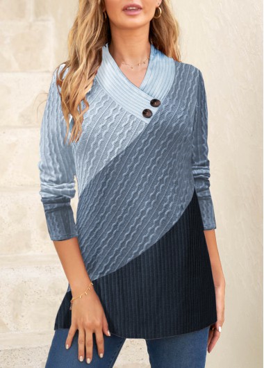 ROTITA Patchwork Blue V Neck Long Sleeve Sweatshirt