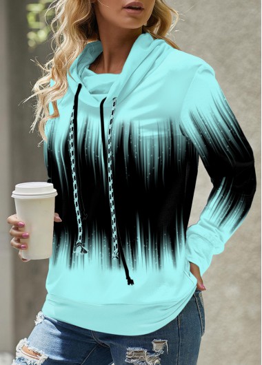 Ombre Drawstring Cyan Cowl Neck Long Sleeve Sweatshirt