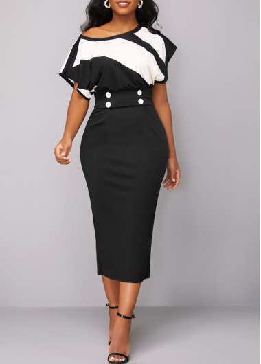 Geometric Print Button Black Boat Neck Bodycon Dress