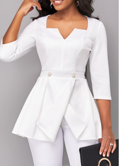 Raw White Split Square Neck Blouse