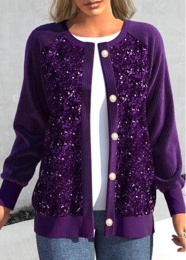 Dark Purple Round Neck Long Sleeve Sequin Cardigan