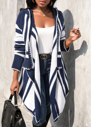 Geometric Print Asymmetry Dark Blue Hooded Cardigan