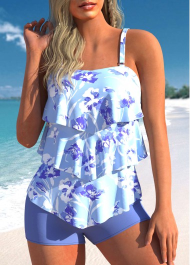 Floral Print Handkerchief Hem Purplish Blue Tankini Top