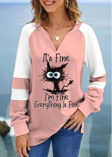 ROTITA Patchwork Letter Print Light Pink V Neck Sweatshirt