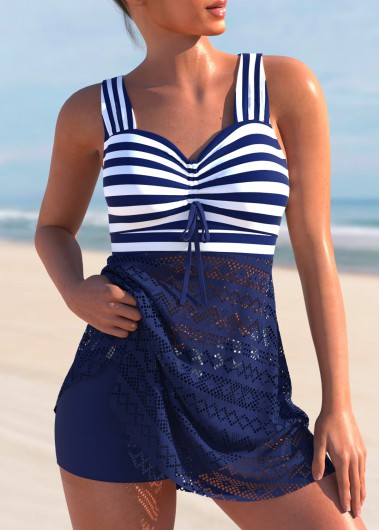 Striped Criss Cross Navy Swimdress Top