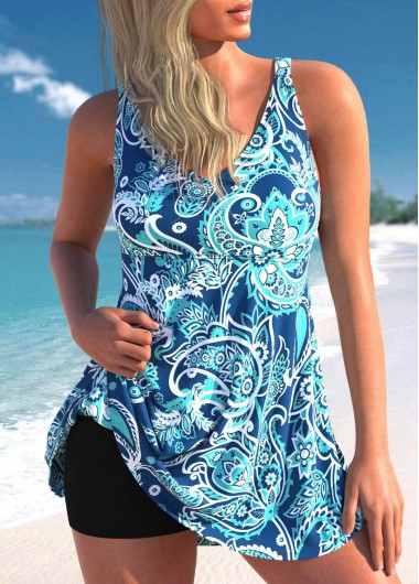 Paisley Print Blue Wide Strap Swimdress Top