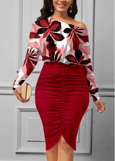 Floral Print Shirred Red Boat Neck Bodycon Dress