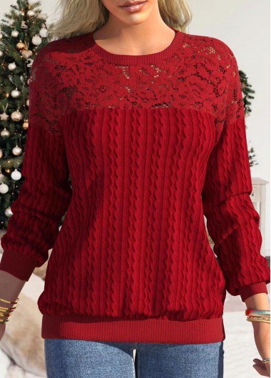 Red Lace Round Neck Long Sleeve Sweatshirt