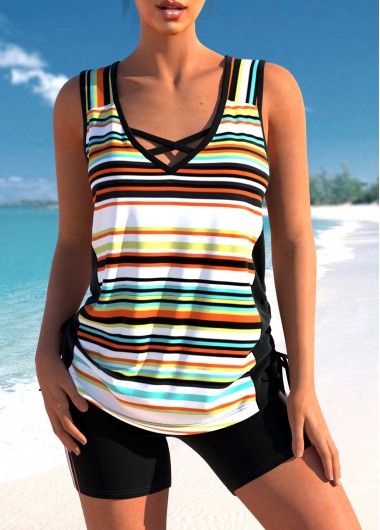 Striped Criss Cross Multi Color Tankini Top