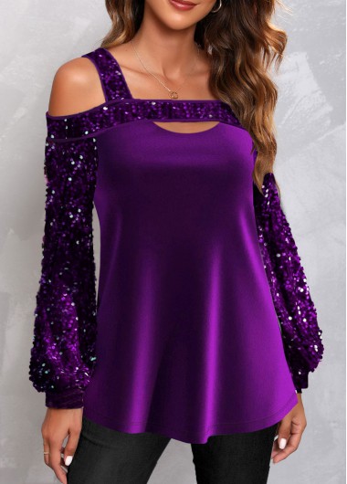 ROTITA Cut Out Purple Off Shoulder Long Sleeve Sweatshirt