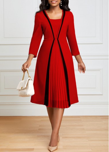 ROTITA Red Square Neck Pleated Hem Dress