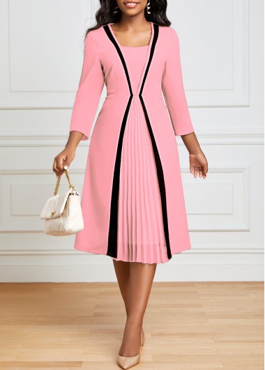 ROTITA Pink Square Neck Pleated Hem Dress