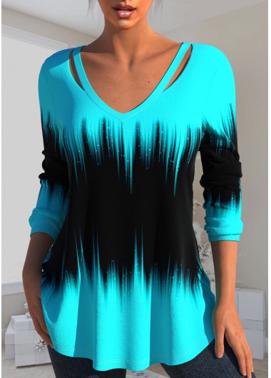 Ombre Cut Out Cyan V Neck T Shirt