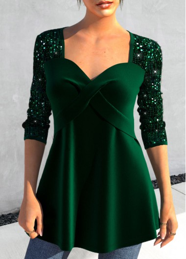 Heart Collar Long Sleeve Sequin Green T Shirt