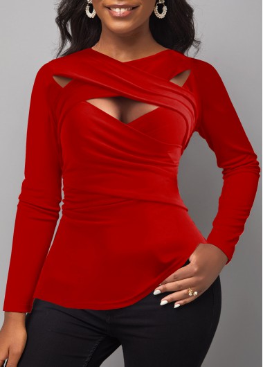 Red Surplice Cross Collar Long Sleeve T Shirt