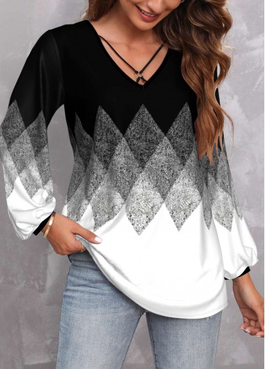 Geometric Print Metal Ring Black V Neck Blouse