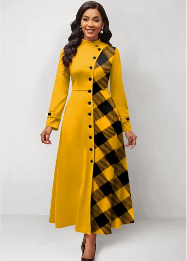 Plaid Yellow Maxi Stand Collar Long Sleeve Dress