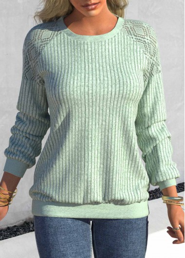 Mint Green Round Neck Long Sleeve Lace Sweatshirt