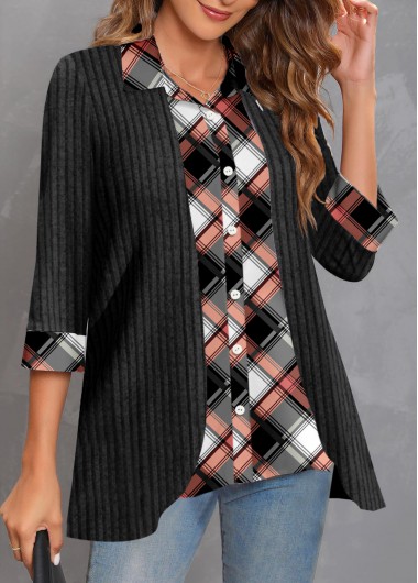 Plaid Fake 2in1 Black Shirt Collar Blouse
