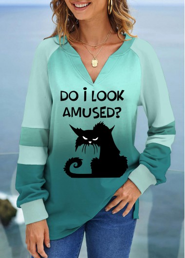 Letter Print Patchwork Green V Neck Sweatshirt