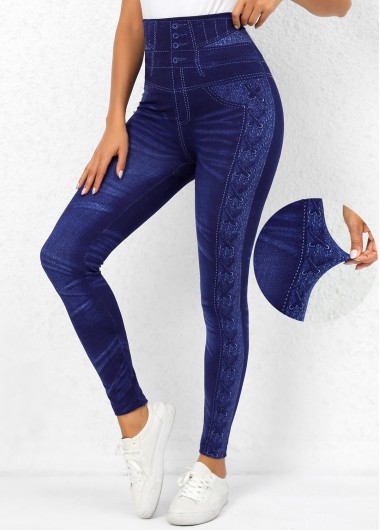 Denim Blue High Waisted Printed Leggings
