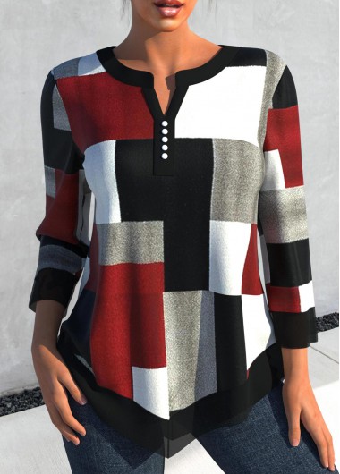 Geometric Print Asymmetry Black Split Neck Blouse