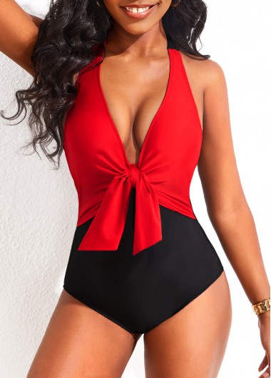 Contrast Tie Red One Piece Swimwear