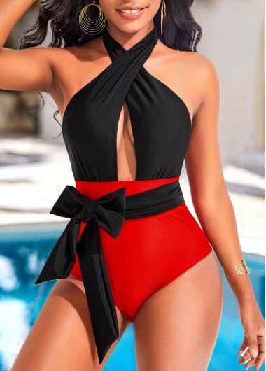 Criss Cross Red Bowknot One Piece Swimwear