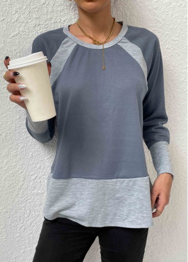 Patchwork Round Neck Long Sleeve Grey T Shirt