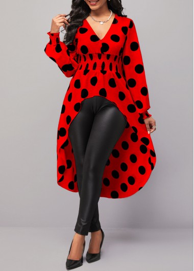 Polka Dot Red V Neck Long Sleeve Blouse