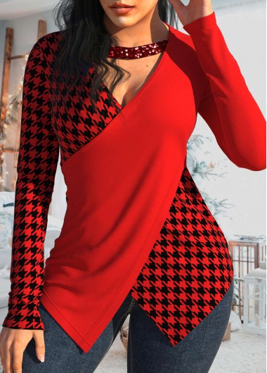 Houndstooth Print Patchwork Red V Neck T Shirt