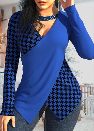 Houndstooth Print Patchwork Royal Blue T Shirt