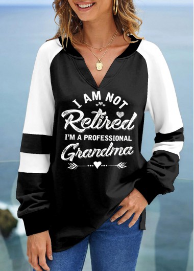 Letter Print V Neck Black Long Sleeve Sweatshirt