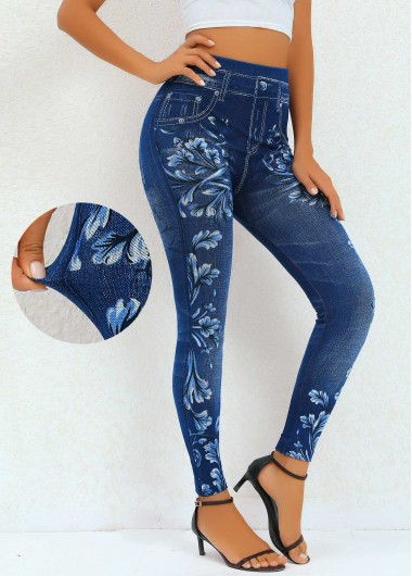 Floral Print Navy High Waisted Elastic Waist Leggings