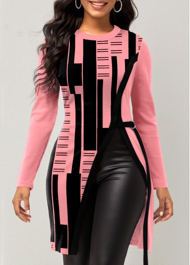 ROTITA Geometric Print Pink Round Neck T Shirt