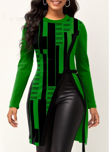 Geometric Print Green Round Neck T Shirt