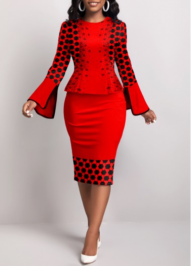 Geometric Print Fake 2in1 Red Bodycon Dress