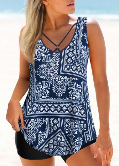 ROTITA Metal Ring Navy Patchwork Tankini Top