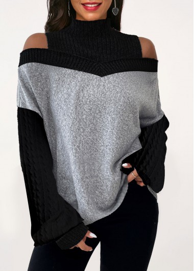 Patchwork Black Turn Down Collar Cold Shoulder Sweatshirt
