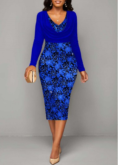 Royal Blue Hot Stamping V Neck Bodycon Dress