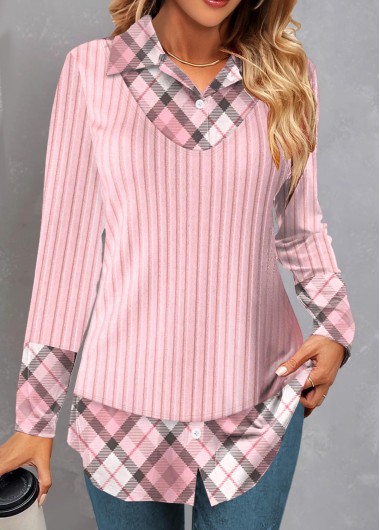 Plaid Fake 2in1 Pink Shirt Collar Blouse