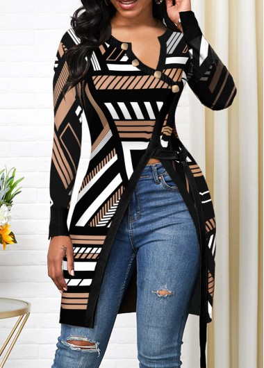 Geometric Print Split Black Asymmetrical Neck T Shirt