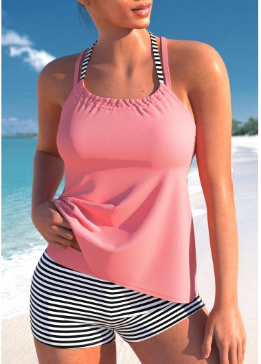 Fake 2in1 Smocked Pink Tankini Top