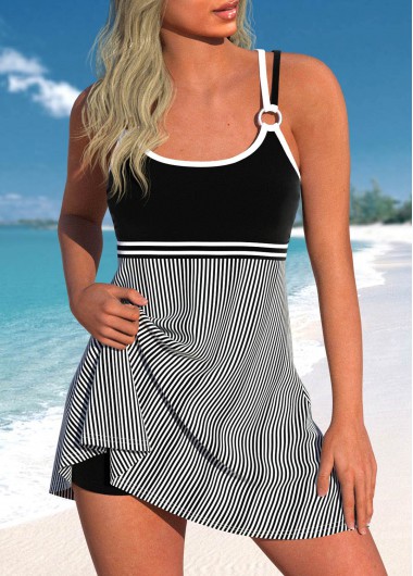 Striped Criss Cross Black Swimdress Top